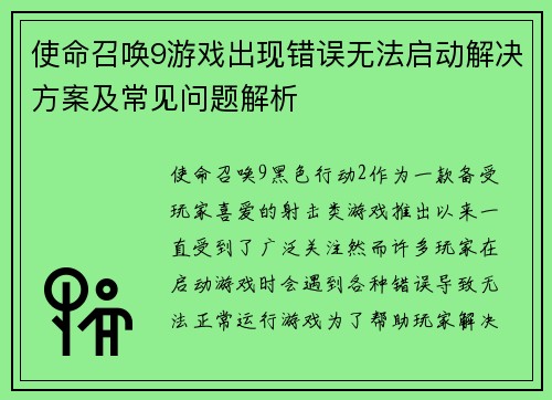 使命召唤9游戏出现错误无法启动解决方案及常见问题解析